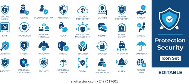 Protection icon set featuring safe, shield, lock, security, alarm, umbrella, guard, fence, and more. Flexible, editable vector icons for web, app, and graphic design projects. Download now!