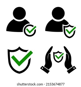 Icono de protección establecido en plano. Símbolo de seguridad del perfil de usuario. Usuario con símbolo de escudo. Marcar icono aprobado. Señal de marca de la gente. Icono de protector de protección con marca Vector para diseño gráfico, Web, aplicación