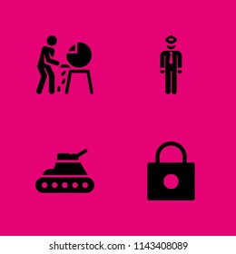 protection icon set. grinder, tank and lock vector icon for graphic design and web