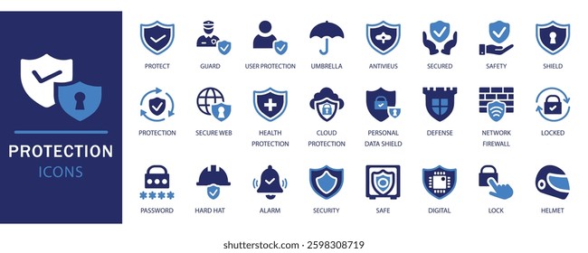 Protection icon set. Ideal for cybersecurity, safety, and security-related designs. Includes shield, lock, firewall, antivirus, data protection, and more. Perfect for web, app, and infographic use.


