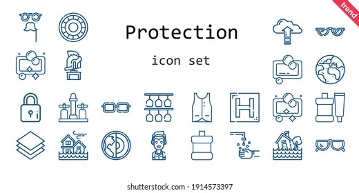 protection icon set. line icon style. protection related icons such as sunglasses, shield, faucet, marshall, mouthwash, vest, layer, flood, glasses, planet earth, toothpaste, earth, helmet, hotel
