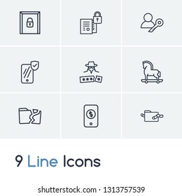 Protection icon set and mobile security with password hacking, mobile banking and confidential. Cyber crime related protection icon vector for web UI logo design.