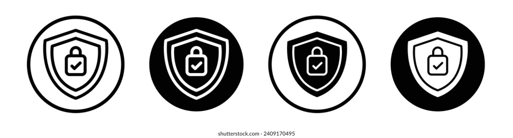 Protection icon set. Secure data shield vector symbol in a black filled and outlined style. Data protection lock sign.