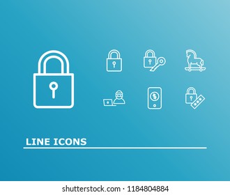 Protection icon set and security padlock with mobile banking, online thief and trojan. Privacy related protection icon vector for web UI logo design.