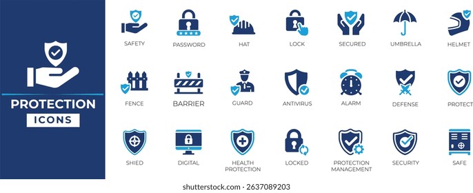 Protection icon set for security systems, data privacy, security, information, password, safety measures, risk prevention, insurance concepts, and cyber protection. Solid icon collection.