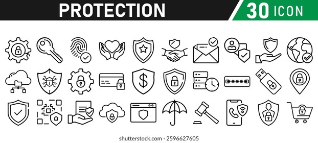 Protection Icon Set, Security icon for web. Security shield symbols include a check mark and padlock, a shield security icon, and a safety and protection sign. Icon Collection