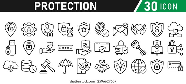 Protection Icon Set, Security icon for web. Security shield symbols include a check mark and padlock, a shield security icon, and a safety and protection sign. Icon Collection