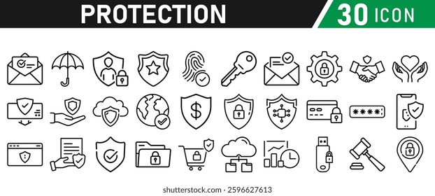 Protection Icon Set, Security icon for web. Security shield symbols include a check mark and padlock, a shield security icon, and a safety and protection sign. Icon Collection