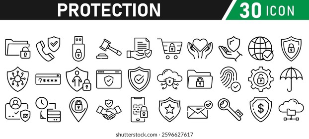 Protection Icon Set, Security icon for web. Security shield symbols include a check mark and padlock, a shield security icon, and a safety and protection sign. Icon Collection