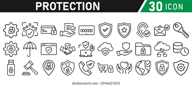 Protection Icon Set, Security icon for web. Security shield symbols include a check mark and padlock, a shield security icon, and a safety and protection sign. Icon Collection