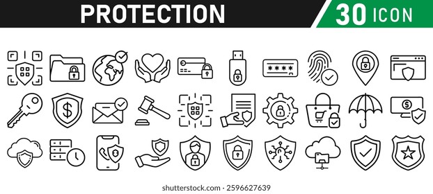 Protection Icon Set, Security icon for web. Security shield symbols include a check mark and padlock, a shield security icon, and a safety and protection sign. Icon Collection