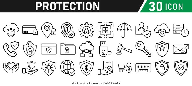 Protection Icon Set, Security icon for web. Security shield symbols include a check mark and padlock, a shield security icon, and a safety and protection sign. Icon Collection