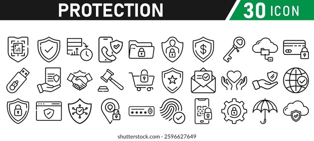 Protection Icon Set, Security icon for web. Security shield symbols include a check mark and padlock, a shield security icon, and a safety and protection sign. Icon Collection