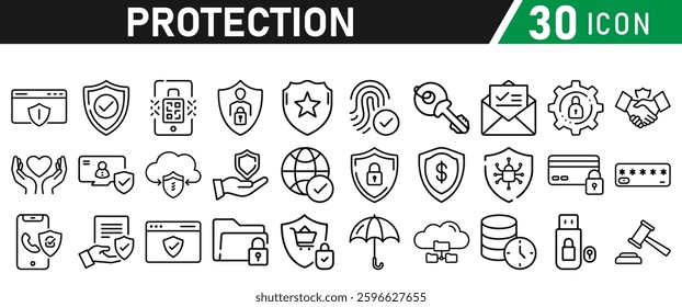 Protection Icon Set, Security icon for web. Security shield symbols include a check mark and padlock, a shield security icon, and a safety and protection sign. Icon Collection