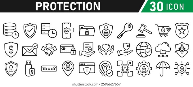 Protection Icon Set, Security icon for web. Security shield symbols include a check mark and padlock, a shield security icon, and a safety and protection sign. Icon Collection