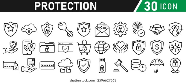 Protection Icon Set, Security icon for web. Security shield symbols include a check mark and padlock, a shield security icon, and a safety and protection sign. Icon Collection
