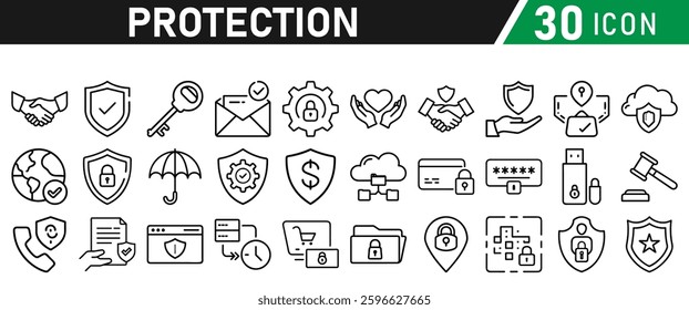Protection Icon Set, Security icon for web. Security shield symbols include a check mark and padlock, a shield security icon, and a safety and protection sign. Icon Collection