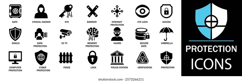 Protection icon set. Showcasing intricately designed representations of safe, shield, lock, security, umbrella, guard, fence and more. A well organized collection of adaptable solid vector icons