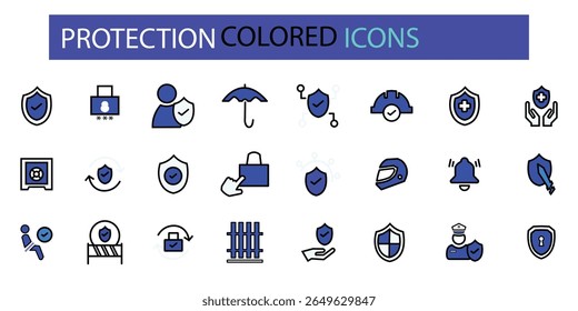 Conjunto de iconos de protección. iconos de colores simples, seguro, escudo, cerradura, seguridad, valla y más 