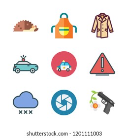 protection icon set. vector set about rain, shutter, apron and gun icons set.