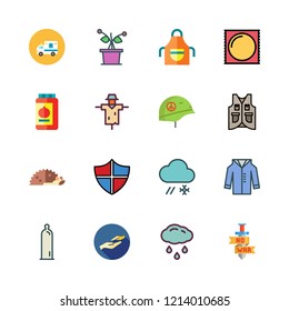 protection icon set. vector set about apron, hedgehog, scarecrow and shield icons set.