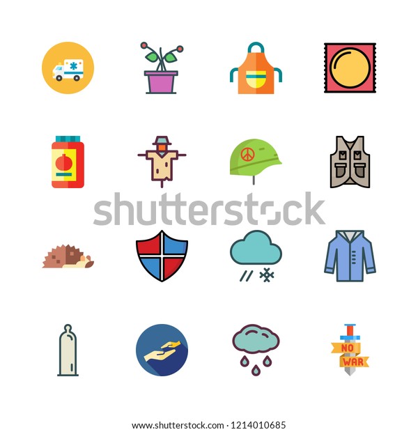 protection icon set. vector set about apron,\
hedgehog, scarecrow and shield icons\
set.