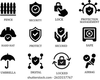 Protection icon set.Essential items for ensuring worker protection and site safety compliance.Containing security, safety, defense solid collection. Vector illustration.For website design, logo etc.