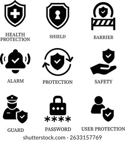 Protection icon set.Essential items for ensuring worker protection and site safety compliance.Containing security, safety, defense solid collection. Vector illustration.For website design, logo etc.