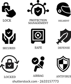 Protection icon set.Essential items for ensuring worker protection and site safety compliance.Containing security, safety, defense solid collection. Vector illustration.For website design, logo etc.