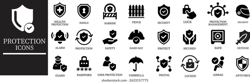 Protection icon set.Essential items for ensuring worker protection and site safety compliance.Containing security, safety, defense solid collection. Vector illustration.For website design, logo etc.