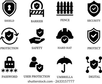 Protection icon set.Essential items for ensuring worker protection and site safety compliance.Containing security, safety, defense solid collection. Vector illustration.For website design, logo etc.