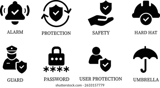 Protection icon set.Essential items for ensuring worker protection and site safety compliance.Containing security, safety, defense solid collection. Vector illustration.For website design, logo etc.