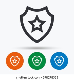 Protection icon. Shield with star sign. Security concept. Flat symbols in circles. Round buttons for web. Vector