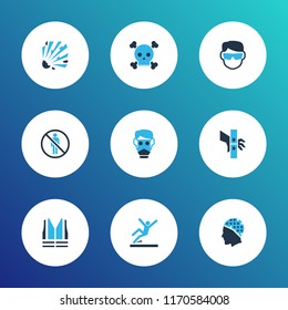 Protection icons colored set with do not enter, hair protection, danger moving parts and other bomb elements. Isolated vector illustration protection icons.
