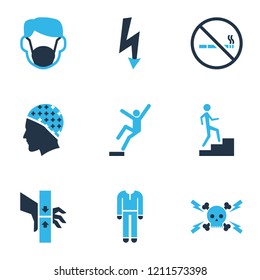 Protection icons colored set with fall hazard, dust mask, danger moving parts and other downfall elements. Isolated vector illustration protection icons.