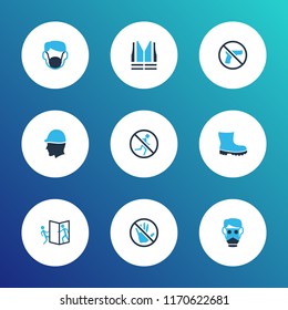 Protection icons colored set with no weapon, respirator, head protection and other helmet elements. Isolated vector illustration protection icons.