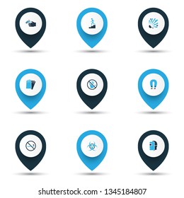 Protection icons colored set with welding mask, no smoking, corrosive chemical and other cigarette forbidden elements. Isolated vector illustration protection icons.