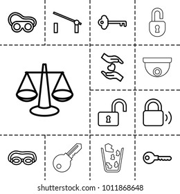 Protection icons. set of 13 editable outline protection icons such as barrier, key, welding glasses, scales, swimming glasses, opened lock, hands holding heart, lock