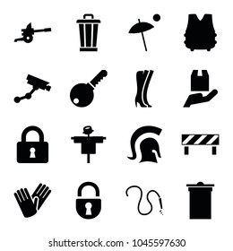 Protection icons. set of 16 editable filled protection icons such as scarecrow, security camera, trash bin, gloves, lock, cargo protection, umbrella, knight, cannon