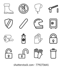 Protection icons. set of 16 editable outline protection icons such as no phone, trash bin, lock, opened lock, glove, safe, helmet, energy drink, shield, bandage, road barrier