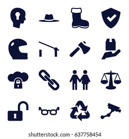 Protection icons set. set of 16 protection filled icons such as boot, barrier, security camera, axe, hat, opened lock, keyhole in head, recycle, chain, helmet, glasses, scales
