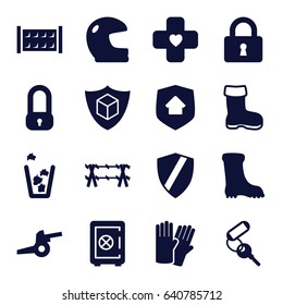 Protection icons set. set of 16 protection filled icons such as boot, fence, glove, safe, key, trash bin, lock, cargo insurance, bandage, home security, wire fence, cannon