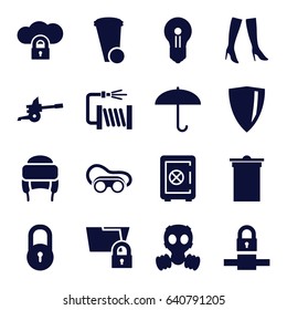 Protection icons set. set of 16 protection filled icons such as lock, safe, trash bin, woman boots, winter hat, welding glasses, water hose, gas mask, cannon, keyhole