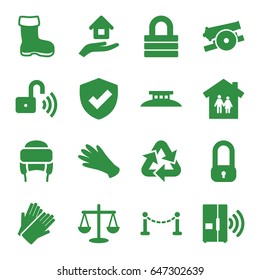 Protection icons set. set of 16 protection filled icons such as boot, fence, gloves, winter hat, lock, house insurance, opened security lock, intercom, recycle, cannon