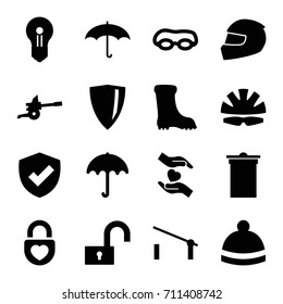 Protection icons set. set of 16 protection filled icons such as barrier, umbrella, trash bin, boot, winter hat, hands holding heart, heart lock, helmet, cannon, keyhole