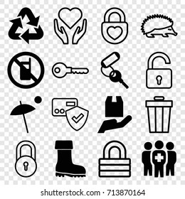 Protection icons set. set of 16 protection filled and outline icons such as no phone, key, boot, medical group, umbrella, recycle, lock, hedgehog, opened lock, heart lock