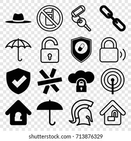 Protection icons set. set of 16 protection filled and outline icons such as hat, chain, health insurance, lock home, wire fence, no phone, opened lock, key, keep dry cargo