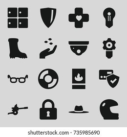 Protection icons set. set of 16 protection filled icons such as hand with seeds, luggage storage, security camera, boot, hat, lock, bandage, lifebuoy, cannon, keyhole