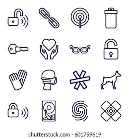 protection icons set. Set of 16 protection outline icons such as trash bin, dog, opened lock, gloves, medical mask, chain, bandage, key, security lock, finger print, hard disc