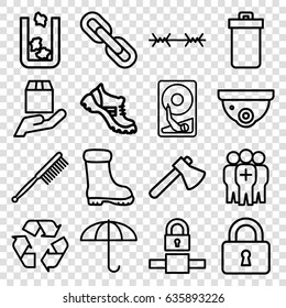 Protection icons set. set of 16 protection outline icons such as trash bin, security camera, toothbrush, boot, axe, recycle, lock, cargo protection, medical group, chain
